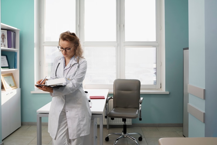 Foto gratuito medico del tiro medio che prende appunti in clinica
