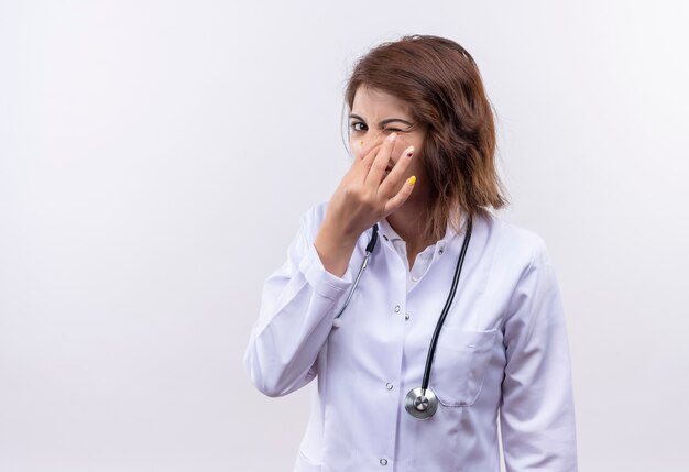 Medico della giovane donna in camice bianco con lo stetoscopio che chiude il naso con le dita con espressione disgustata che soffre di puzza