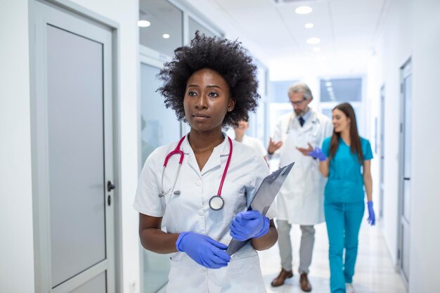 Medico femminile afroamericano serio che cammina con i risultati del test del paziente prima di incontrare il paziente Il medico è in un corridoio dell'ospedale