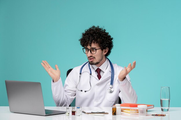 Medico giovane serio bello medico che lavora al computer in camice da laboratorio confuso agitando le mani