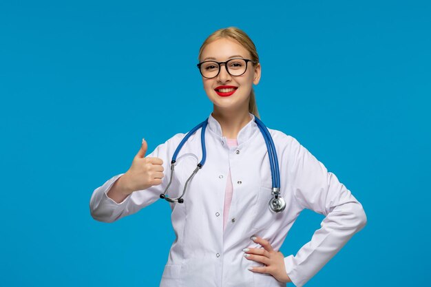 Medico sorridente della giornata mondiale dei medici che mostra un buon gesto con lo stetoscopio nel camice medico