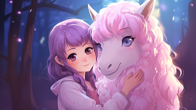 Medium shot anime ragazza che abbraccia l'unicorno