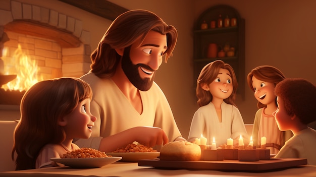 Medium shot cartone animato Gesù circondato da persone
