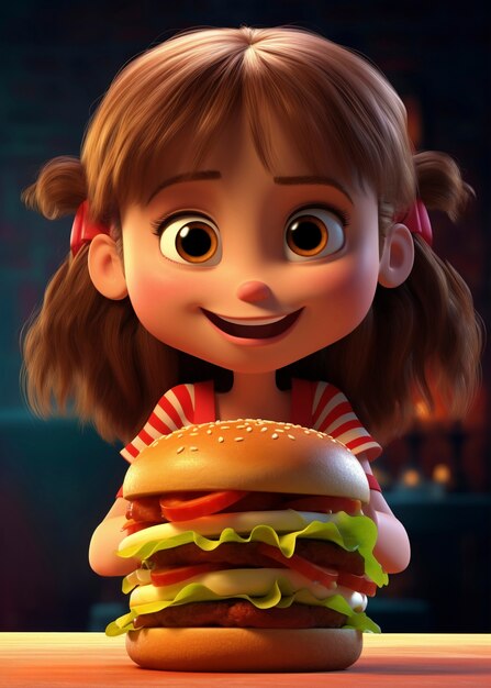 Medium shot cartonish ragazza con hamburger