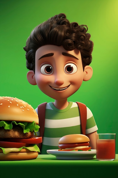 Medium shot cartoonish ragazzo con hamburger