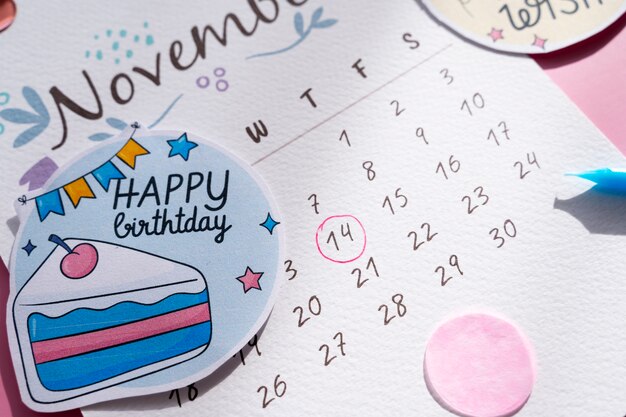 Memo di compleanno ad alto angolo aggiunto in un calendario vivace