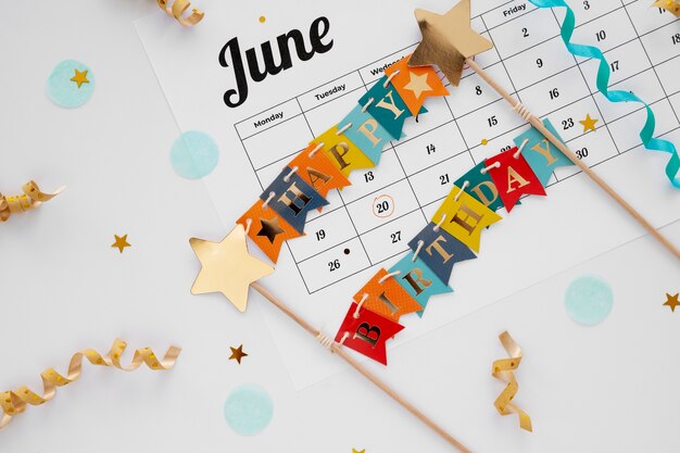 Memo di compleanno ad alto angolo aggiunto in un calendario vivace