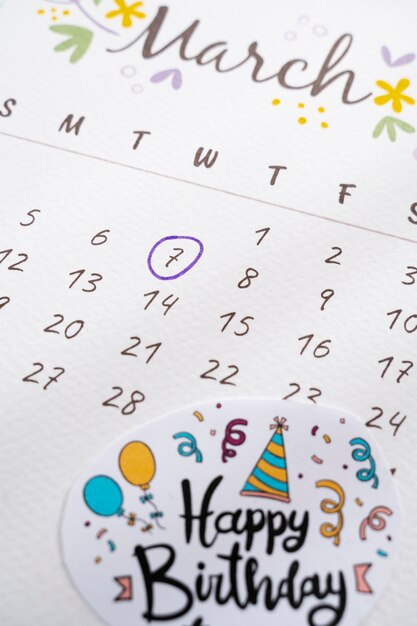 Memo di compleanno ad alto angolo aggiunto in un calendario vivace