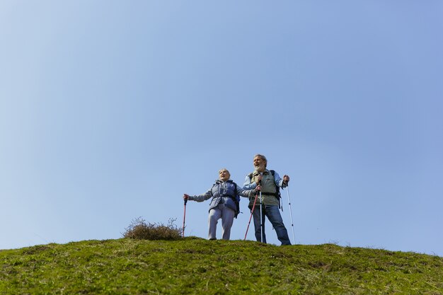 Meravigliato e felice. Coppia di famiglia invecchiato dell'uomo e della donna in abito turistico che cammina al prato verde vicino agli alberi in una giornata di sole