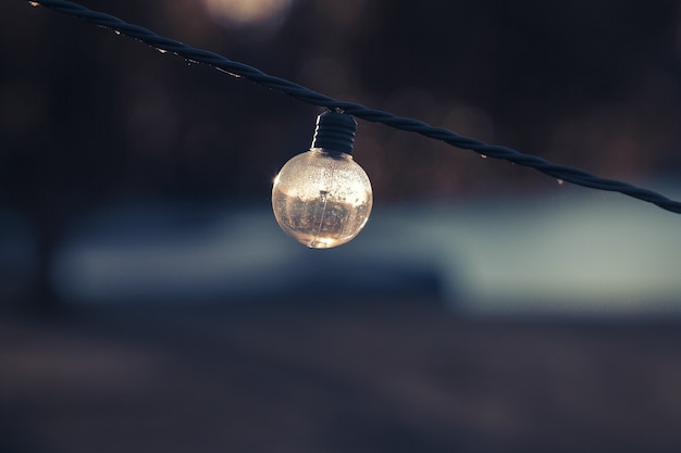 Messa a fuoco selettiva di una lampadina spenta su una stringa