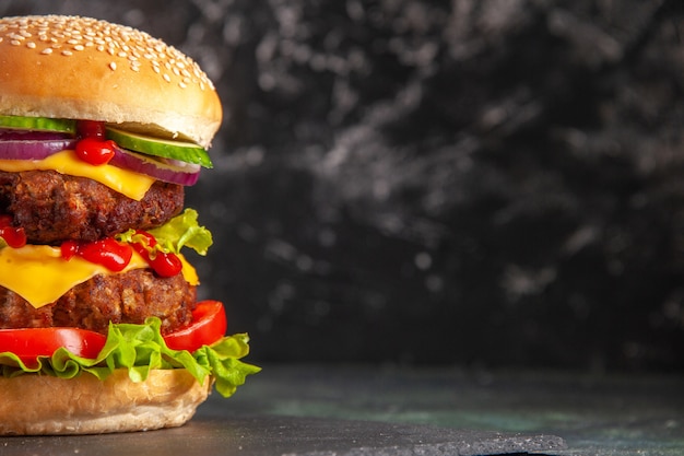 Mezzo colpo di delizioso panino di carne con pomodori verdi su vassoio di colore scuro su superficie sfocata