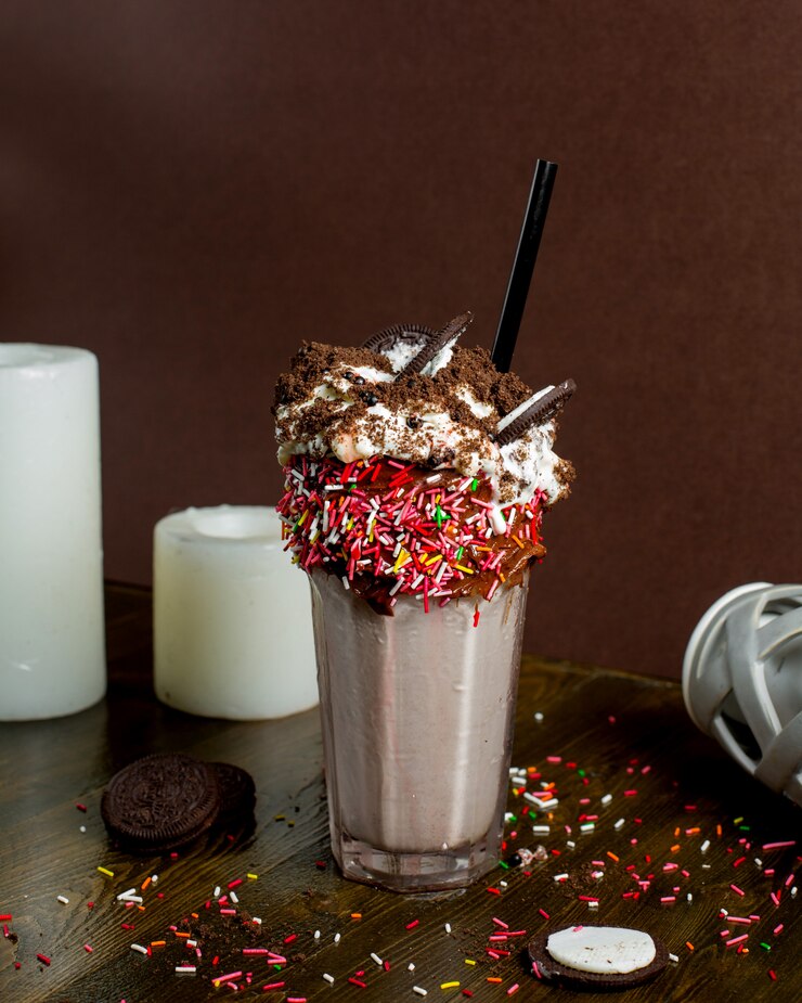 Foto gratuito milkshake al cacao coperto di colorate spruzzate di gelato e oreo