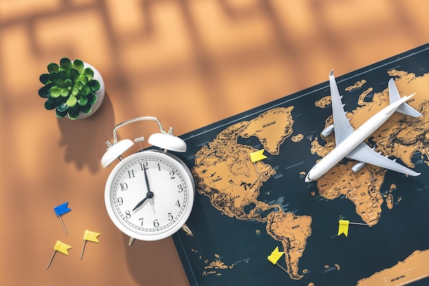 Miniatura dell'aeroplano della sveglia e mappa del mondo su sfondo marrone piatto