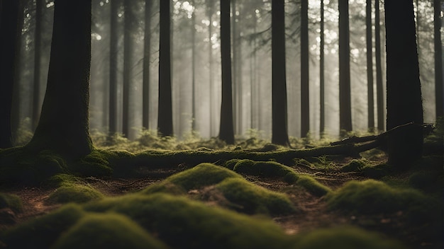 Misteriosa foresta oscura con alberi coperti di muschio e raggi di luce