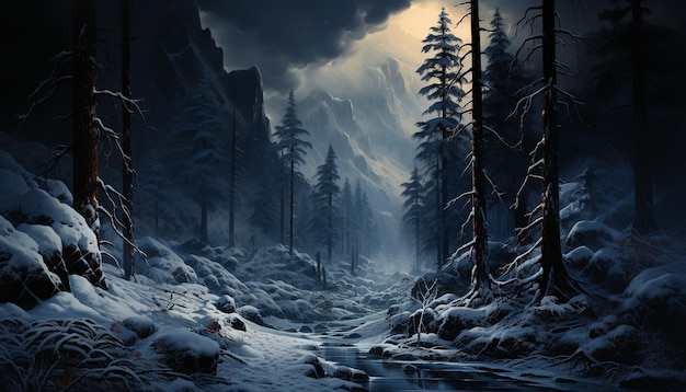 Misteriose notti invernali, foreste oscure, montagne innevate, nebbia spettrale generata da intelligenza artificiale.