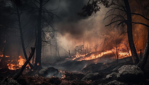 Mistero della foresta in fiamme nell'inferno della natura generato dall'IA