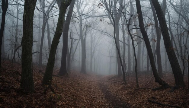 Mistero spettrale della foresta nella nebbia autunnale generata dall'intelligenza artificiale