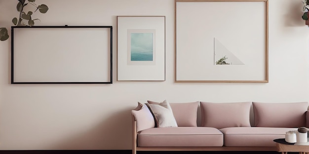 Mock up cornice poster in interni moderni sfondo soggiorno in stile scandinavo Illustrazione di intelligenza artificiale generativa