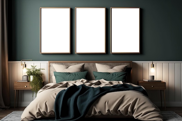 Mockup di cornice in camera da letto moderna con cornice poster vuota Ai generativa