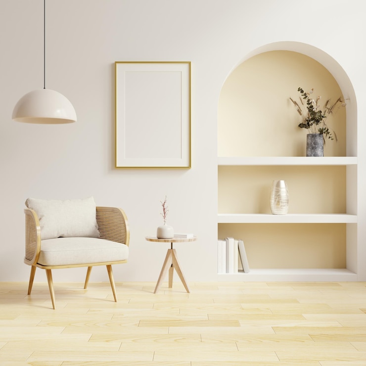 Foto gratuito mockup di cornici nell'interno del soggiorno con sedia e decorazione in stile scandinavo