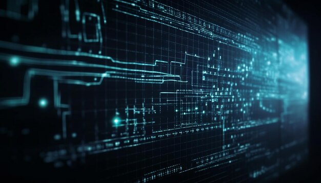 Modello astratto blu incandescente nel linguaggio del computer generato dall'intelligenza artificiale