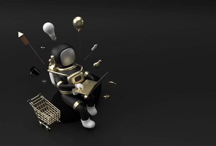 Foto gratuito modello dell'insegna di vendita del black friday astronauta che lavora al computer portatile.