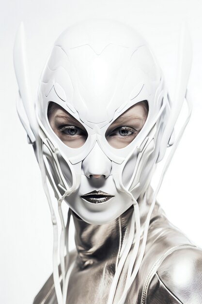 Modello di tiro medio in posa con maschera futuristica