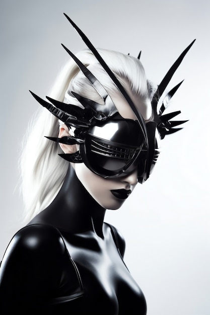 Modello di tiro medio in posa con maschera futuristica