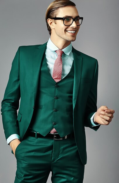 Modello maschio dell'uomo d'affari bello elegante sorridente dei giovani in vestito e vetri alla moda