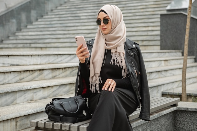 Moderna ed elegante donna musulmana in hijab, giacca di pelle e abaya nera che cammina in una strada cittadina usando lo smartphone