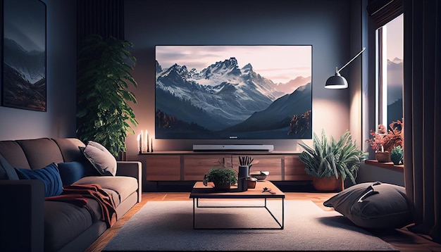 Moderno soggiorno al coperto con comodo divano AI generativo
