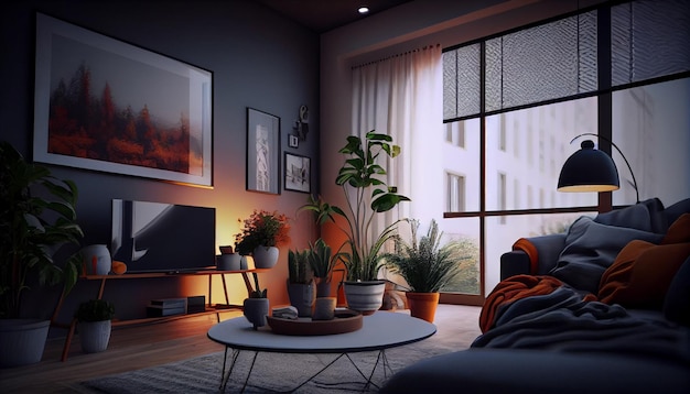 Moderno soggiorno al coperto con comodo divano AI generativo