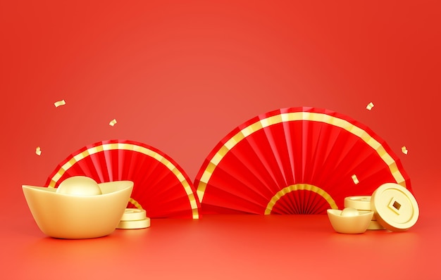 Monete cinesi d'oro sfondo del nuovo anno cinese illustrazione 3D presentazione vuota della scena del display per il posizionamento del prodotto