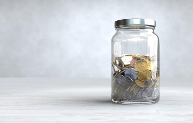 Monete in un barattolo di vetro Concetto di risparmio di denaro