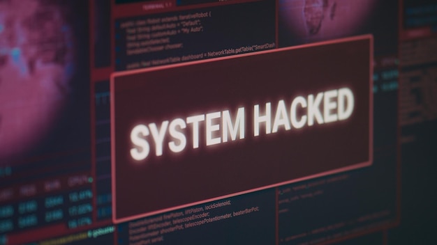 Monitor del computer che mostra il messaggio di avviso del sistema compromesso lampeggiante sullo schermo, che si occupa di hacking e attacco di criminalità informatica. Display con avviso di violazione della sicurezza e minaccia malware. Avvicinamento.