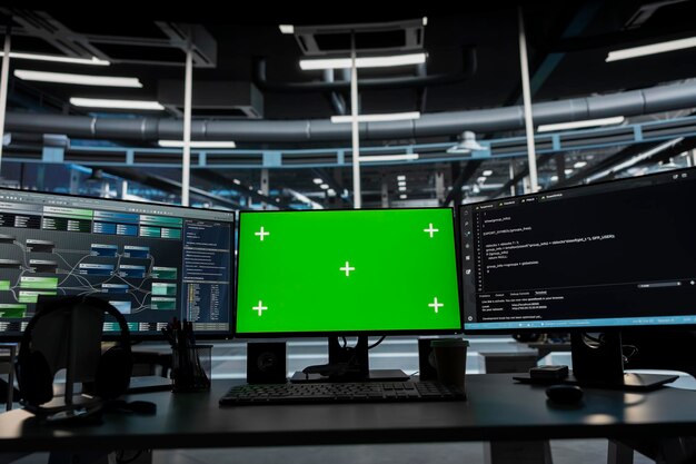 Monitor di computer a schermo verde in un centro dati vuoto