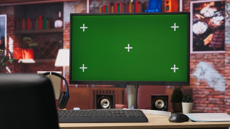 Foto gratuito monitor di computer a schermo verde su scrivania in legno in una casa moderna