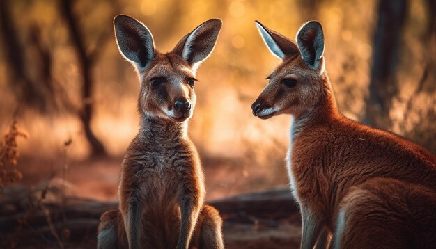 Morbida famiglia marsupiale che guarda insieme il tramonto generata dall'intelligenza artificiale