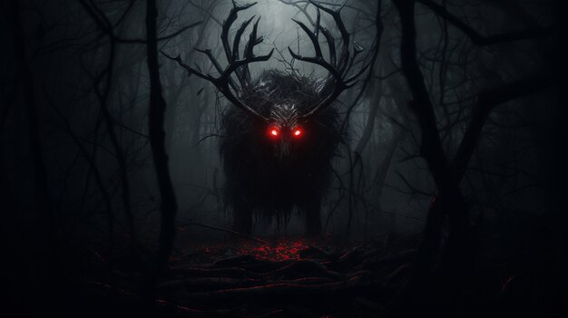 Mostro spaventoso nella foresta nebbiosa di notte