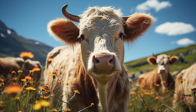 Mucca carina al pascolo in un prato verde godendo della bellezza della natura generata dall'intelligenza artificiale