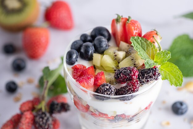 Muesli fatto in casa, ciotola di muesli d'avena con yogurt, mirtilli freschi, gelso, fragole, kiwi, menta e noci per una sana colazione, copia spazio. Concetto di colazione sana. Mangiare pulito.