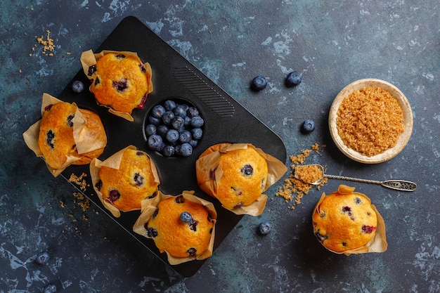 Muffin ai mirtilli deliziosi fatti in casa freschi.