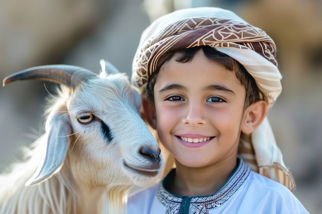 Musulmani con animali fotorealistici preparati per l'offerta dell'eid al-adha