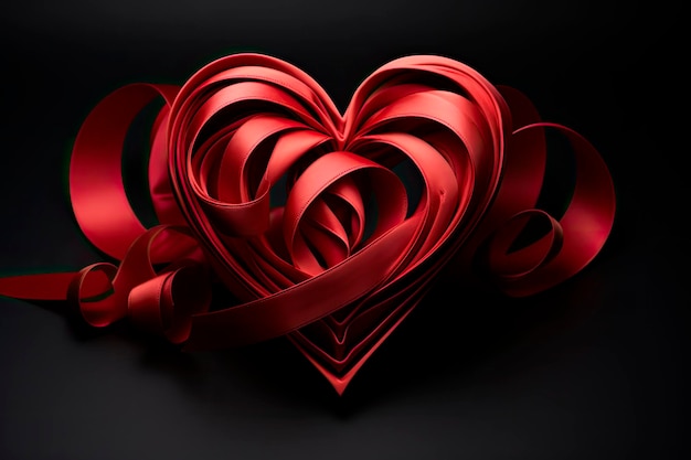 Nastro rosso arricciato a forma di cuore su sfondo nero