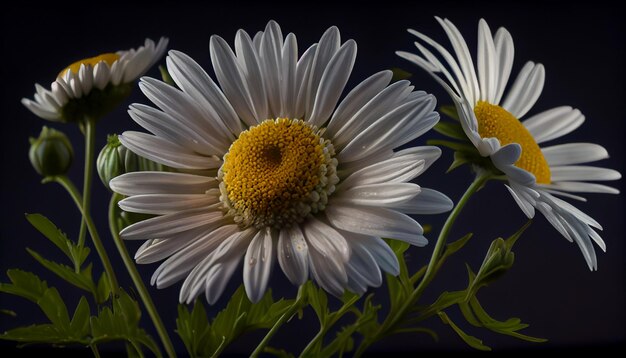 Natura bellezza margherita gialla prato verde sfondo nero AI generativa