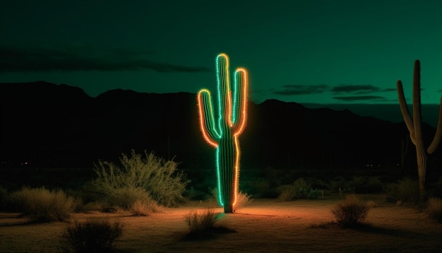 Natura incandescente illuminata dal vibrante tramonto elettrico multicolore sulla silhouette di montagna generata dall'intelligenza artificiale