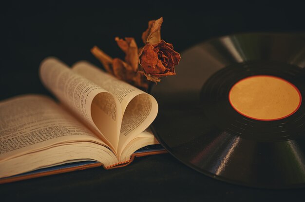 Natura morta con libri a forma di cuore, fiori secchi e vecchio CD.