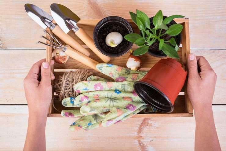 Foto gratuito natura morta con oggetti di giardinaggio