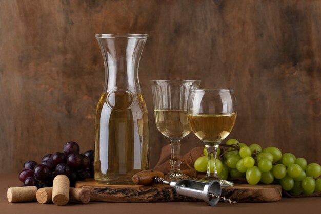 Natura morta di caraffa di vino sul tavolo