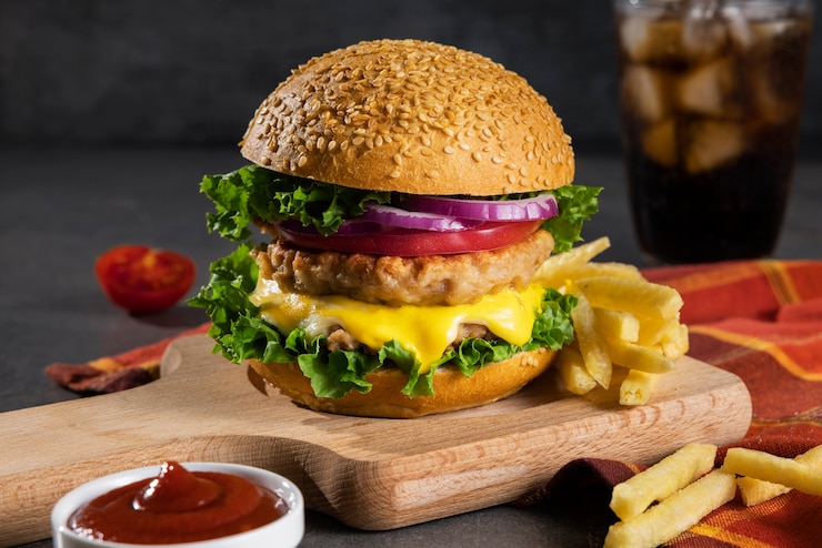 Foto gratuito natura morta di delizioso hamburger americano